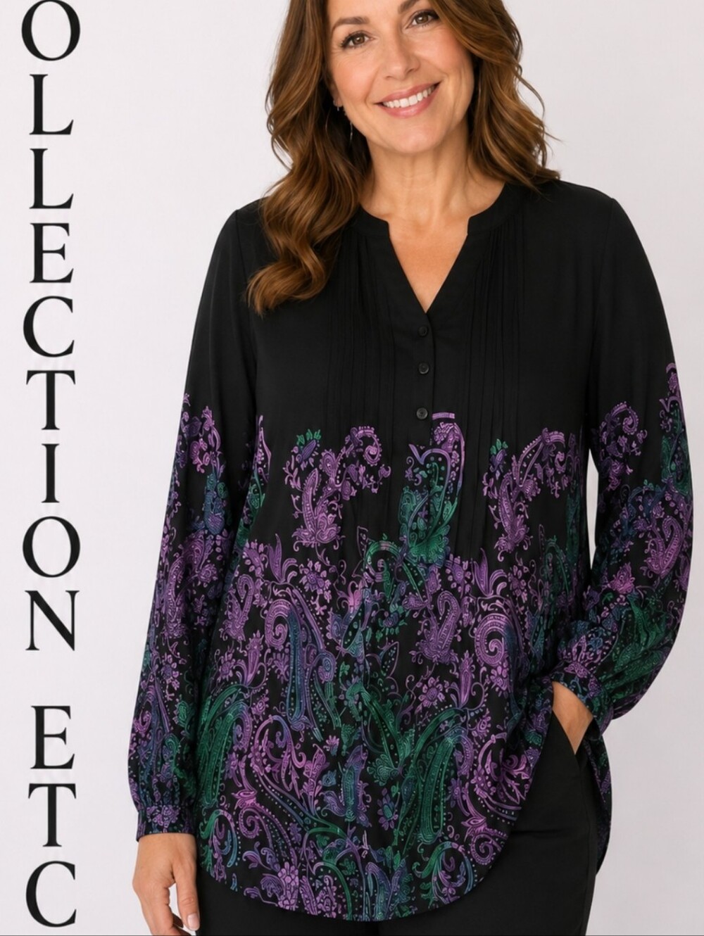 NWOT Collections Etc Womans L Paisley Long Slv Light Cotton Black Purple Top